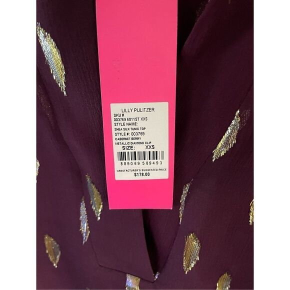 Shea silk metallic tunic top Lilly Pulitzer Cabernet Berry Diamond - Picture 3 of 5
